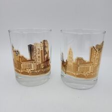 2 Vintage MCM Gold Marshall Fields Old Fashioned Glasses Chicago Skyline Barware picture