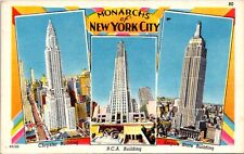 Monarchs of New York City Chrysler RCA & Empire State Bldgs Linen Postcard picture