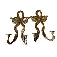 Solid Brass Ribbon Double Arm Regency Candle Wall Sconces Large Vintage picture