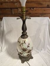 Vintage L&LWMC table lamp raised meteal flowers 3 way light iridescent glass MCM picture