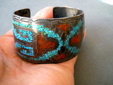 Old Native American Navajo Turquoise Coral Chip Tribal Sterling Silver Bracelet picture