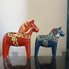 Vintage NILS OLSSON Dala Horse Wood Handmade Painted Swedish Set of 2 picture