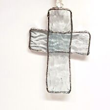 Stained Glass Cross Suncatcher Christmas Ornament Clear Texture Wavy Signed 4