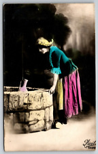 Antique RPPC Beautiful Woman Wishing Well Color Tint Real Photo Italy Postcard picture