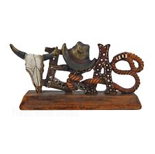 Small Texas Western Themed Table Top Decor Rustic Faux Wood Cow Skull Hat Rope picture