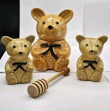 VINTAGE CERAMIC TEDDY BEAR HONEY POT JAR WITH MATCHING SALT & PEPPER SHAKERS  picture