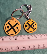2 Vinyl RR Railroad Train Round Yellow Crossing Gate Sign Keychain Key Ring picture