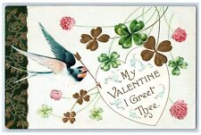 c1910's Valentine Heart Shamrock Flowers Bird Embossed Unposted Antique Postcard picture