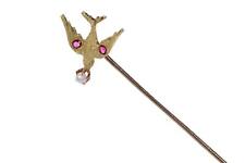 Antique 10k gold Bird Stickpin with ruby eyes pearl mouth picture