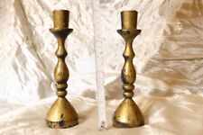 Vintage Pair of Candlestick Holders Engraved Golden Wooden Rustic Candle Holder picture