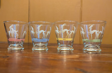VTG HAZEL ATLAS Gazelle Deer MCM Deco Shot Glasses Set of 8 Pink Blue Yellow Grn picture