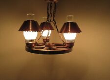 Vintage 3 Light Wagon Wheel Chandelier w/ Glass Hurricanes & Deflector Shades picture