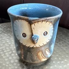 Vintage Studio Art Pottery Owl Figurine Cup Blue JIA 3.5” Tall picture