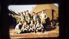 AU04 VINTAGE 35mm SLIDE Photo UNIFORMED SOLDIERS POSING OUTSIDE OF TENTS picture
