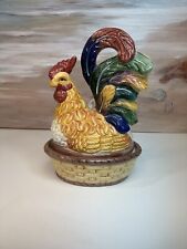 Vtg Nesting Rooster / Hen on Basket Nest Ceramic 2 Piece Dish Colorful Tail picture