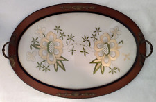Vintage Wooden Tray Embroidered Design Intricate Metal Handles picture