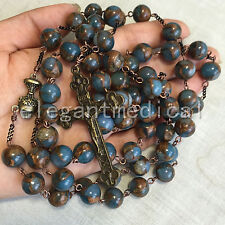 XL 10MM Football STONE beads First Communion Rosary GIFT Vintage  Cross Necklace picture
