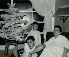 Woman Boys By Christmas Tree Sad Look B&W Photograph 3.5 x 5 picture