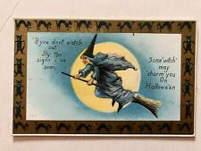 1912 Witch on Broom Flying by Full Moon Halloween post card #142 picture