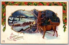 Vtg Merry Christmas Greetings Winter Scene Logging Deer 1910s Embossed Postcard picture