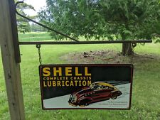VINTAGE 1947 SHELL DOUBLE-SIDED W/ BRACKET PORCELAIN METAL GAS SIGN 28