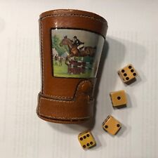 English Leather Hunting Scene Snap Bottom Dice Cup W/ 4 - 5/8” Bakelite Dice picture