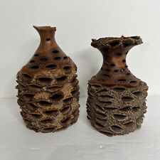 2 Turned Banksia Vase Seed Pod Wood Art Carved Natural Organic Shape Signed picture