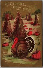 1910s THANKSGIVING Postcard Turkey Hanging Out in Corn Field with Pumpkins picture
