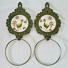 Two (2) Enesco Rooster & Sun Cast Iron Framed Round Tiles with Towel Rings  picture