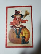 1912 Halloween Postcard Embossed Series Number 120 Witch Black Cat Pumpkin  picture