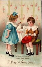 c1910s HAPPY NEW YEAR Postcard Boy & Girl Tea Party Artist-Signed CLAPSADDLE PC5 picture