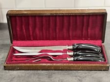 FLINT HOLLOW GROUND CUTLERY CARVING SET 3 PC VINTAGE EXCELLENT Wood Storage Box picture