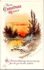Clapsaddle Christmas Postcard c1912 Embossed Best Christmas Wishes Creek Sunset picture
