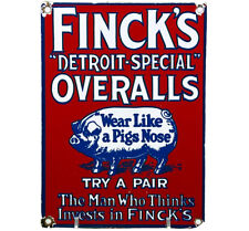 VINTAGE FINCK'S OVERALLS PORCELAIN SIGN PIG FARM FINKS LEVIS LEE DETROIT GAS OIL picture