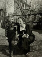 Smiling Boy With Arm Resting On Kneeling Woman Shoulder B&W Photograph 2.5 x 3.5 picture