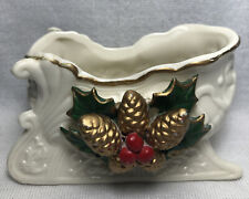 Vintage 2000 White Ceramic Jade Holly Sleigh Pinecone Brooch Holiday Decoration picture