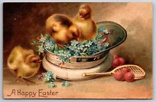 Clapsaddle Easter~Chicks In Captains Hat~Blue Forget-Me-Nots~Tennis Racket~1908 picture