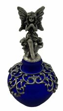 Vintage Cobalt Blue Glass Scent Bottle Pewter Overlay And Fairy Stopper picture