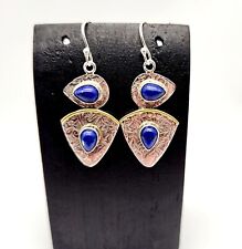 Vintage Lapis Lazuli Gemstone Inlay Heart Sterling Silver Two-tone Earrings  picture