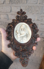 Antique French wood chalk madonna child relief wall plaque religious picture