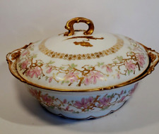 Antique Jean Pouyat Limoges Pink Lilies Gold Encrusted Large Oyster Tureen picture