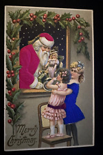 Silk~Santa Claus at Window~with Victorian Children~Doll~Holly Xmas Postcard~h993 picture