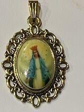NEW-VTG. ITALIAN PORCELAIN MIRACULOUS MEDAL/OUR LADY OF GRACE PENDANT*g.18x13mm. picture