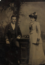 c1880/90s Tintype Beautiful Woman W Large Hat & Man On Balustrade Couple D4365 picture