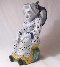 Large Antique Early Faience Beer Stein/Pitcher Old Lady France Desvres c.1700s picture
