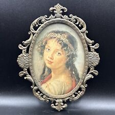 Vintage Italy Picture Oval Convex Bubble Glass Brass Ornate Frame Unique Print picture