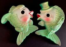 Cute MCM Vintage Kissing Fish Chalkware Wall Plaques Miller Studio 1969 picture