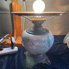 ANTIQUE OIL LAMP CONVERTED TO ELECTRIC Yellow PINK Green FLORAL Lilies FONT picture