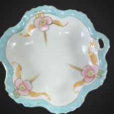 Vintage Candy Bowl Japan Hand Painted Baby Blue Pink Flowerf Ruffled 7.5”D 1.25” picture