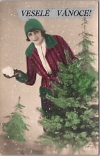 1910s CHRISTMAS Postcard Girl w/ Snowball VESELE VANOCE 